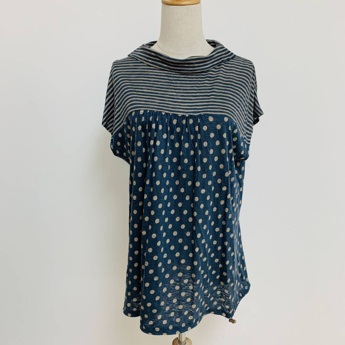 YH2229 Cest moijeu レディース ノースリーブ カットソー ブルー グレー 日本製 麻100% サイズなし 裾紐付き 薄手 万能 USED 古着拍卖