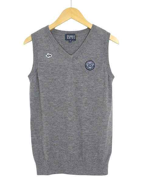 パーリーゲイツ PEARLY GATES ニット ベスト ウール Vネック 89 ロゴ 刺繍 グレー size 0 レディース拍卖