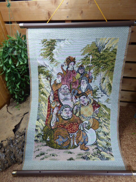 ほ435.七福神 タペストリー 壁掛け インテリア 縁起物 刺繍 掛軸 拍卖