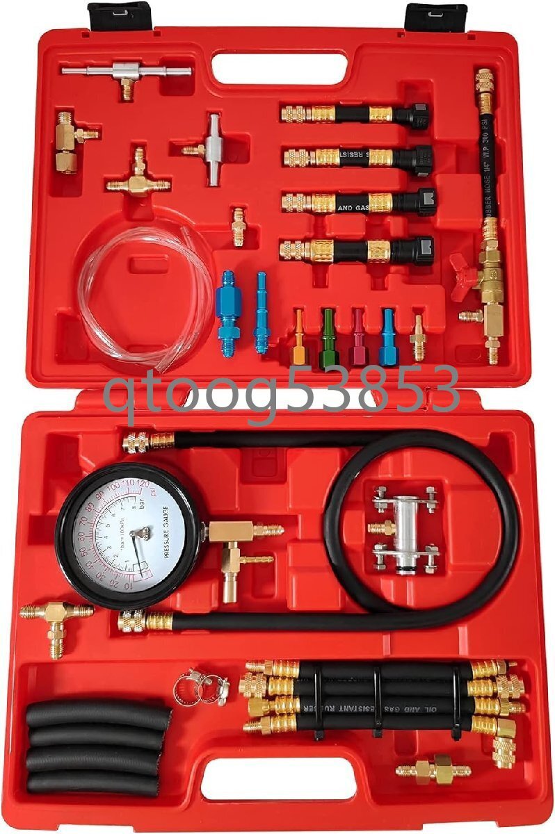 アップグレードされた燃料噴射圧力テスターキット、燃料圧力計 ゲージ 0-120PSI、燃料噴射システムに適用、4つの燃料パイプクイックコネク拍卖