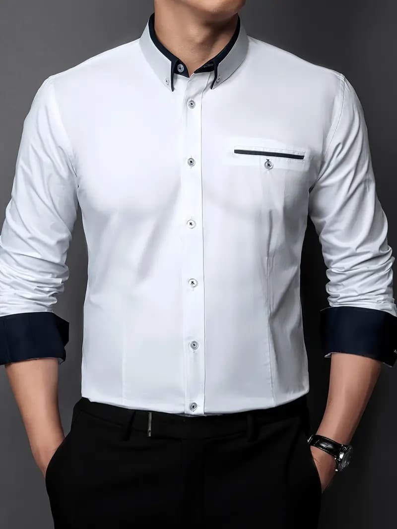 切替 長袖シャツ 235 無地 白×ネイビー ドレスシャツ Yシャツ スーツ ホスト ヤクザ ヤンキー オラオラ系 服 メンズ ファッション拍卖