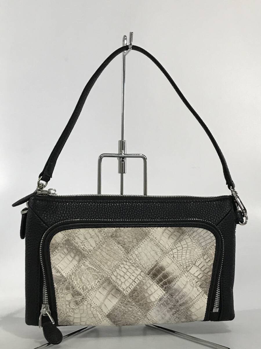 HG7449 クロコダイル 本革 ハンドバッグ パッチワーク ナチュラル×ブラック 鞄 レディース 未使用品拍卖