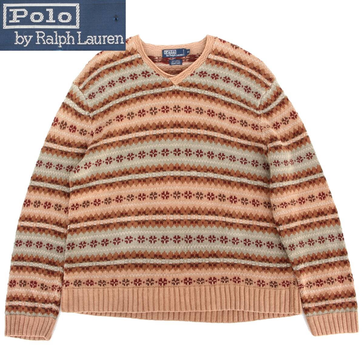 (44635)良品90s-00s Polo RalphLaurenポロ ラルフローレンHANDKNITハンドニット セーターXL (麻綿 民族柄ネイティブ ヴィンテージ紺タグ)拍卖