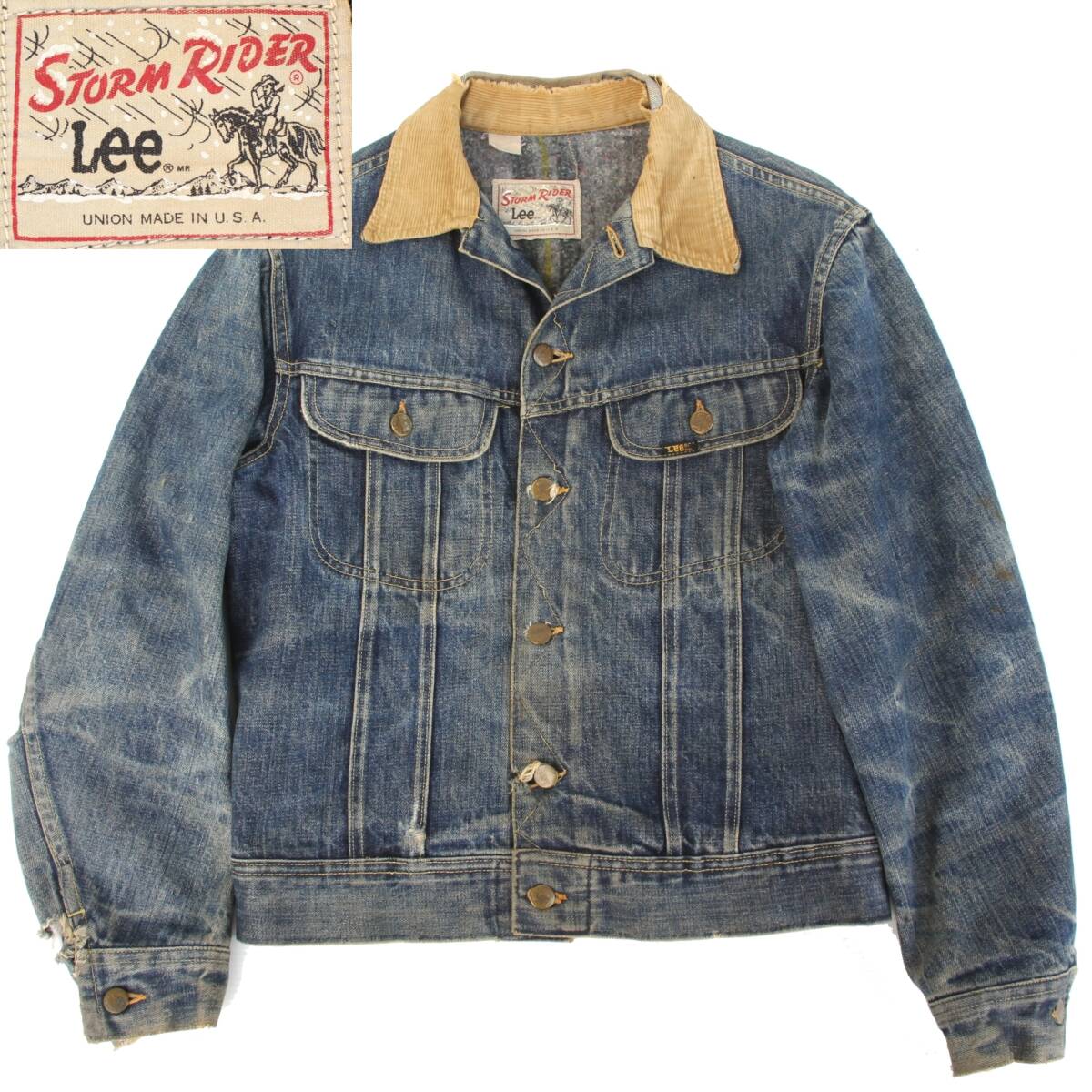 (44609)極上色落ち70s LeeリーUNION MADE IN USAストームライダー36-38 (デニムジャケット プリントタグ ヴィンテージ101LJライナー付き)拍卖