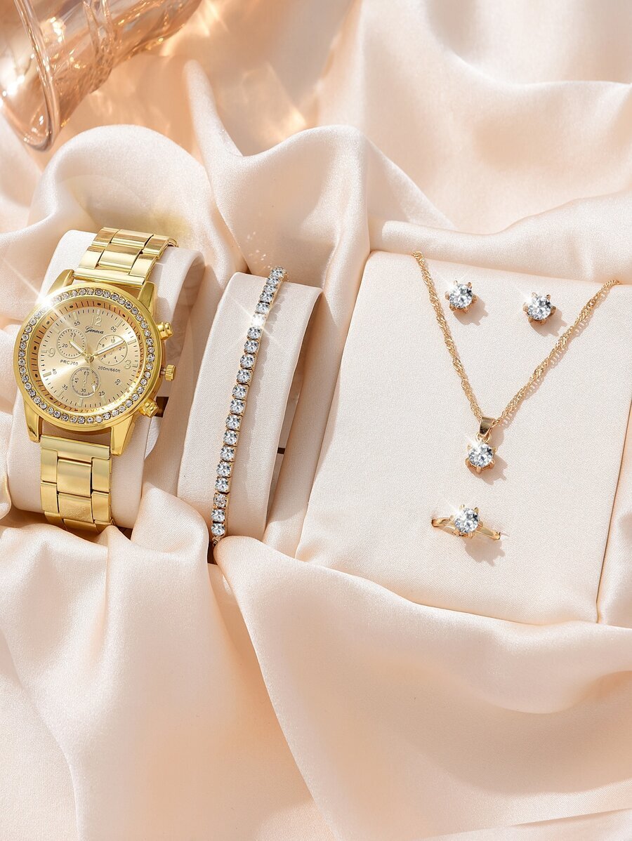 腕時計 レディース セット レディース時計 ゴールド ウォッチ ラインストーン装飾 クオーツ時計とピアス5個リングブレスレットネッ拍卖