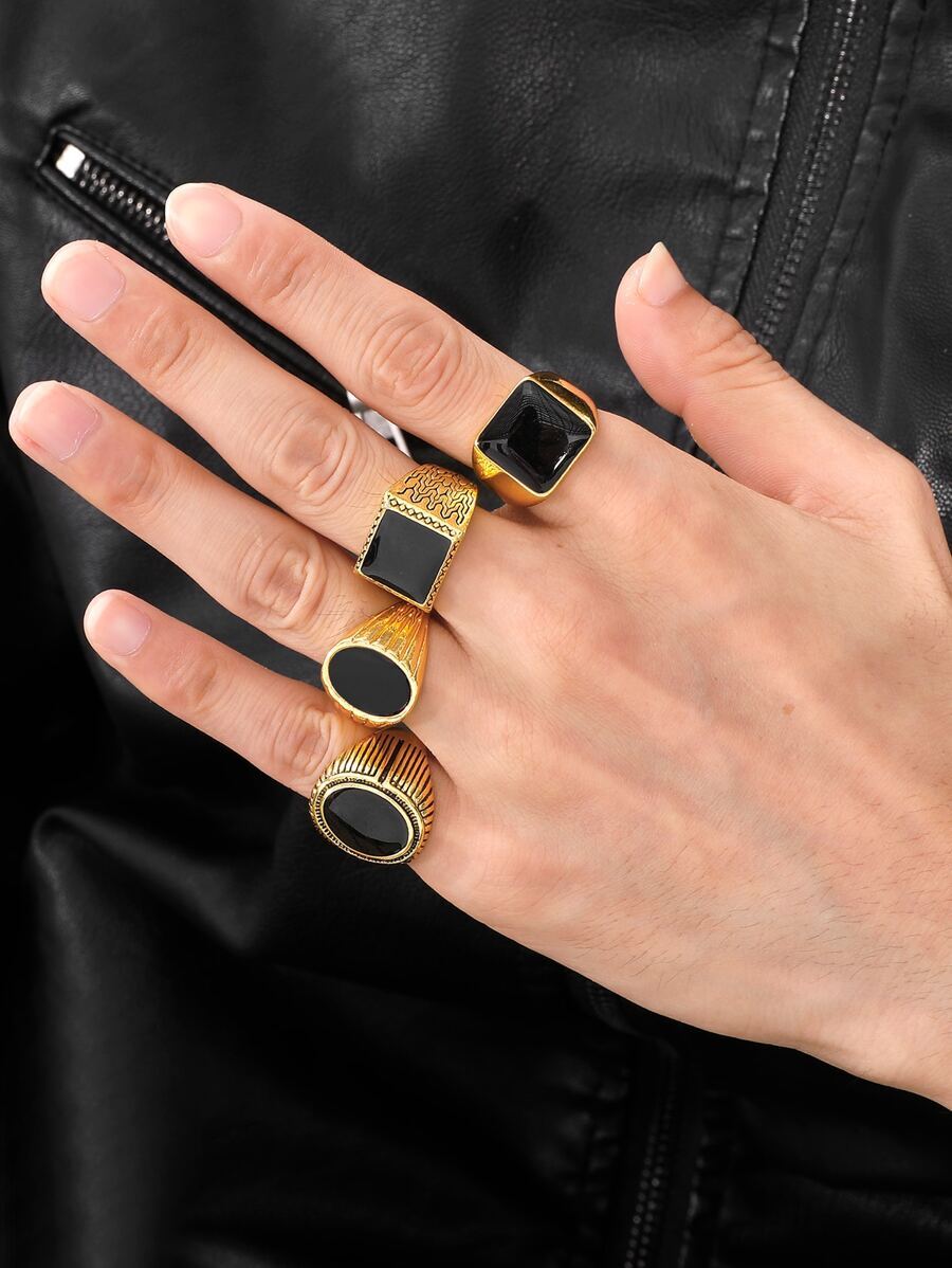 リング メンズ セット ファッショナブルで人気のある 4 個のメンズ オーバル & スクエア装飾リング ステンレススチール ジュエ拍卖