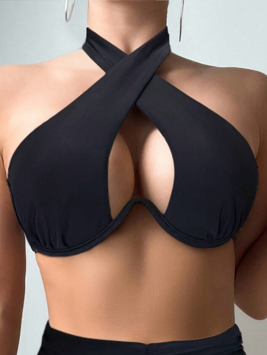 レディース 水着 トップス ウィメンズ ホロー アウト クロスストラップ ホルターネック ビキニトップ アンダーワイヤー 夏用拍卖