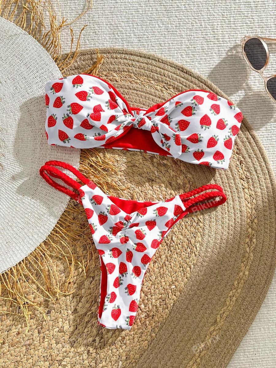レディース 水着 ビキニセット いちご柄 バンドゥ ツイスト ウィメンズ ビキニセット サイド ウエストロープ ホロー ビーチ バ拍卖