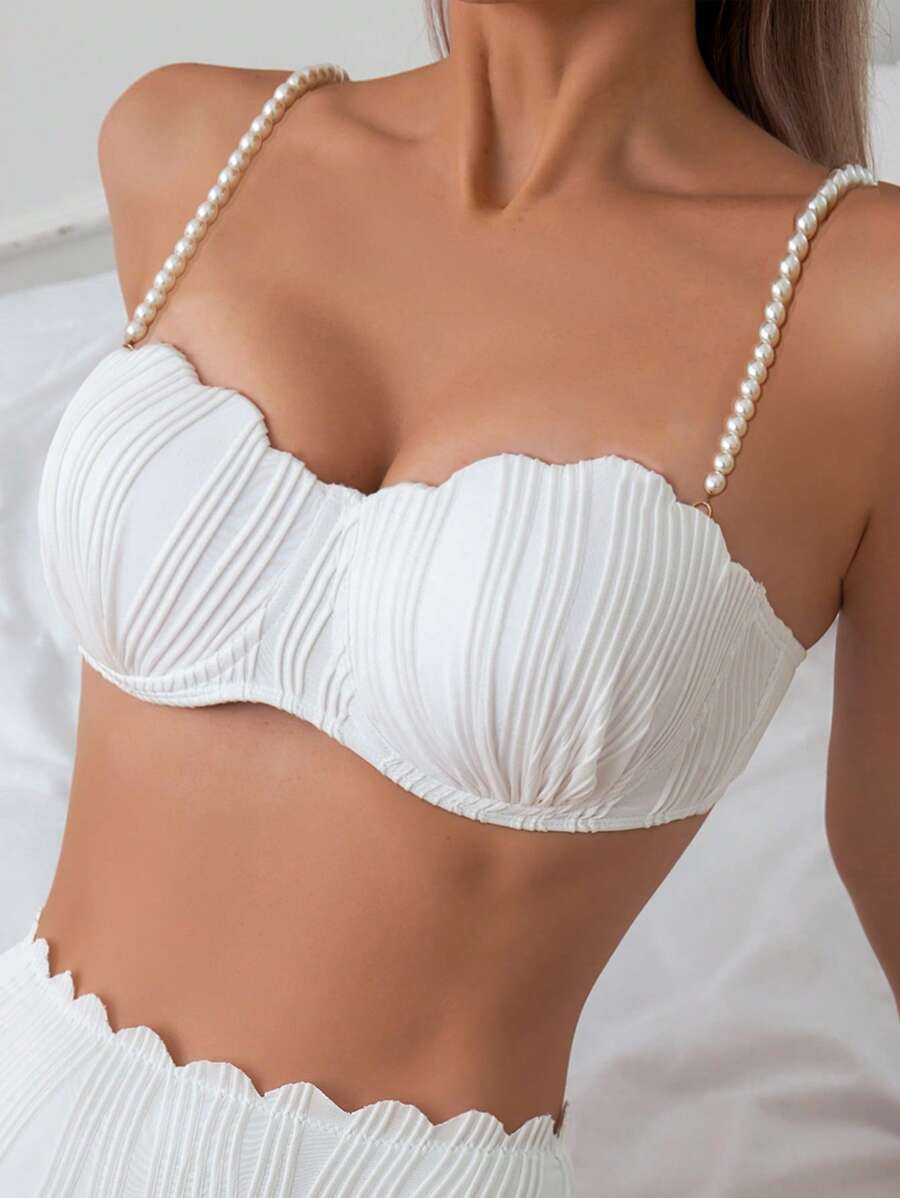 レディース 水着 トップス 1個 レディース 無地 フェイクパール装飾 カーブドエッジ ファッションビキニトップ 夏用拍卖