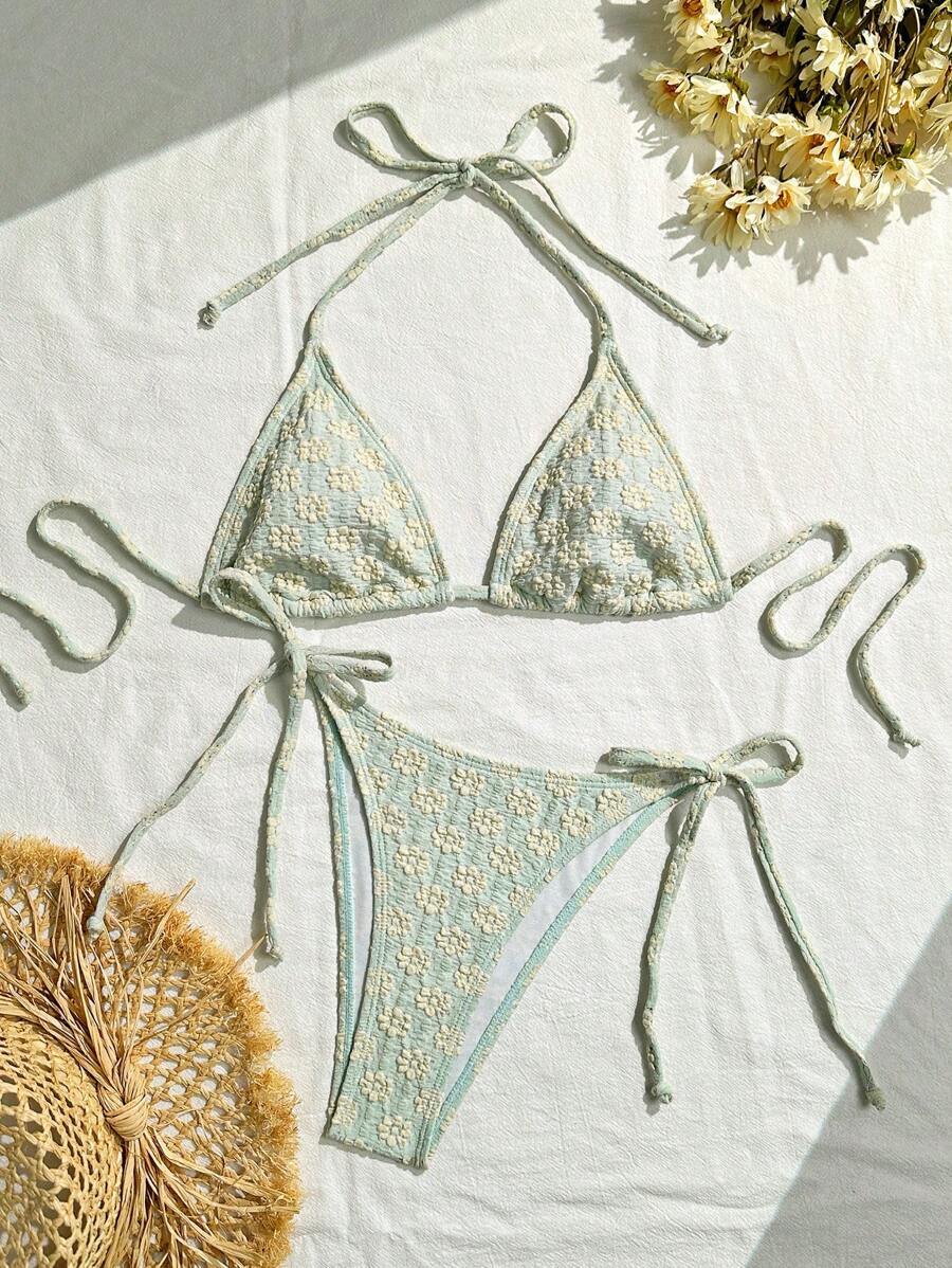 レディース 水着 ビキニセット サマービーチ レディース フローラルジャカード タイバンド ビキニ水着セット拍卖