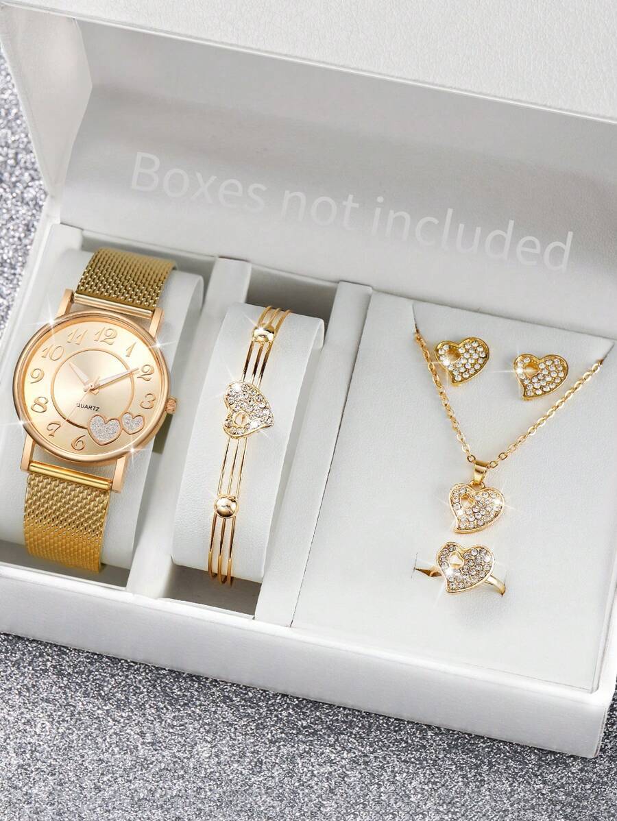腕時計 レディース セット シンプルなファッションプラスチックメッシュストラップクォーツ腕時計、デジタルハートパターンダイヤル+ハ拍卖