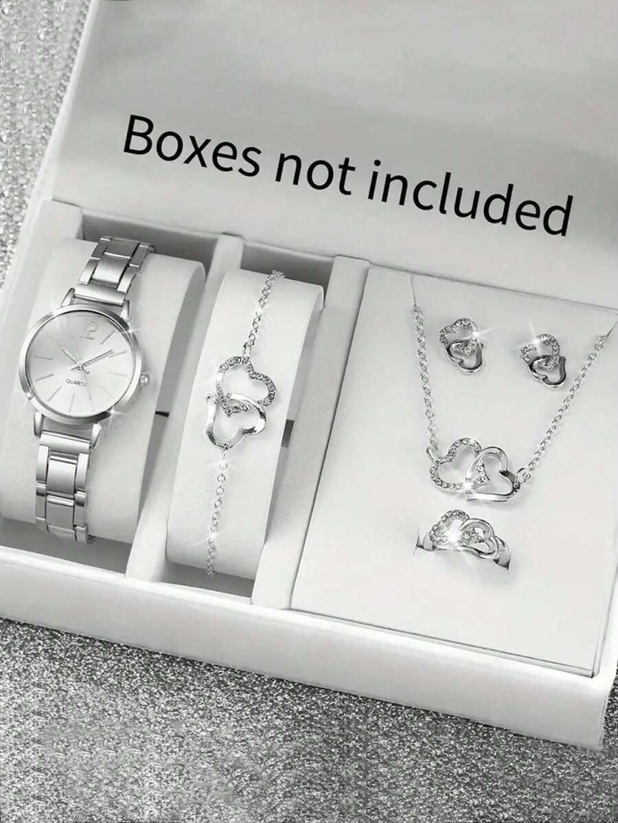 腕時計 レディース セット ステンレス鋼シルバーローマ数字クォーツ腕時計ダブルハート型チェーンジュエリーセット6個 - カップルバ拍卖