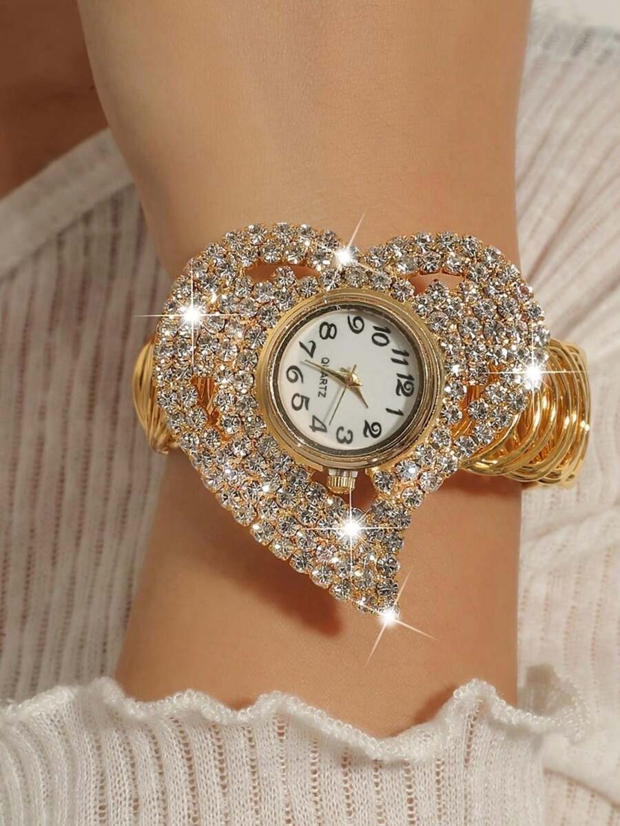 腕時計 レディース クォーツ 1個 女性用ファッション クォーツ ブレスレットウォッチ、ハート型ダイヤモンドスタッズダイアル、ゴー拍卖