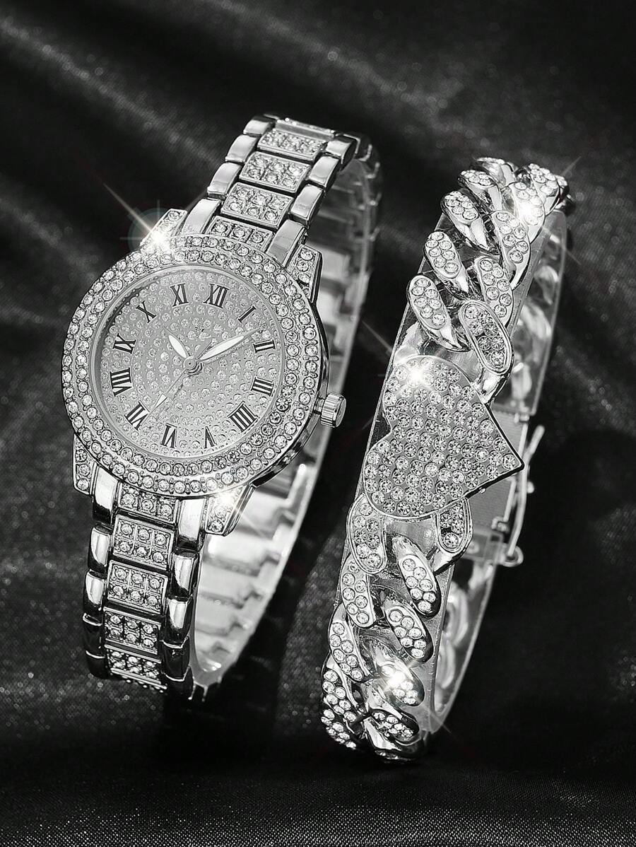 腕時計 レディース セット アルファベットパターン文字盤 シルバー ステンレスウォッチ ハート型ブレスレット 2個セット、デイリー拍卖