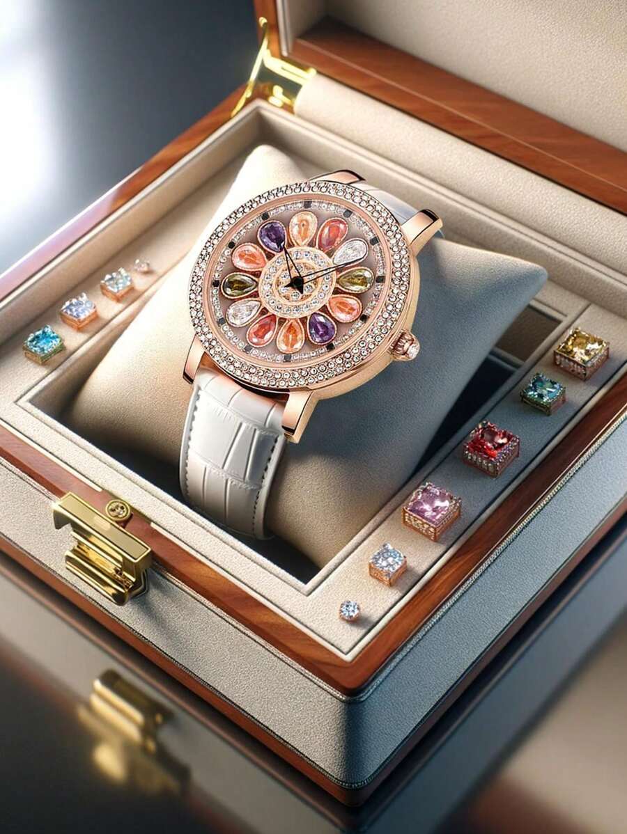 腕時計 レディース クォーツ 1個 レディース ローズゴールド& ホワイト エレガント クォーツ腕時計、回転するラインストーン付き拍卖