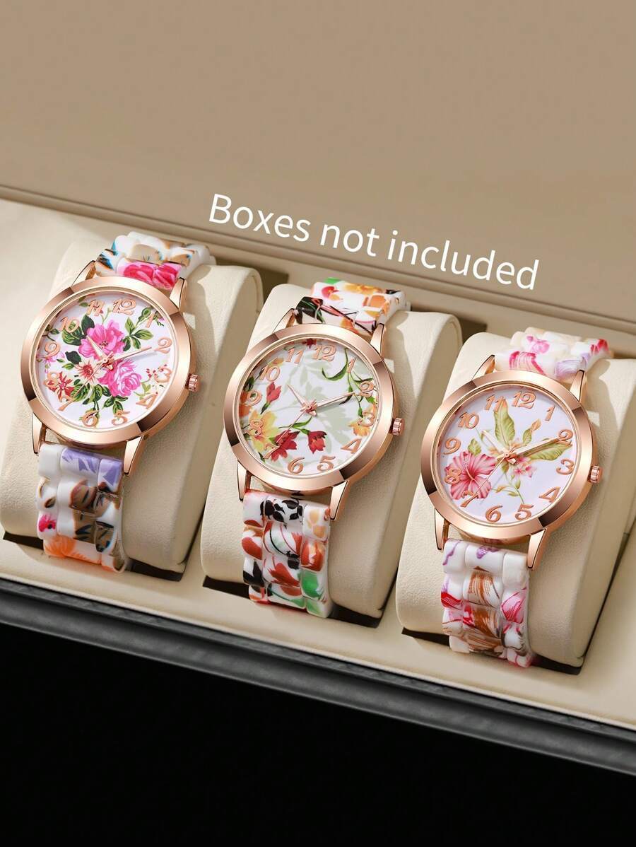 腕時計 レディース セット 3個セット レディース シリコン バンド カジュアル クォーツ腕時計 フローラル ダイヤル、ファッショ拍卖