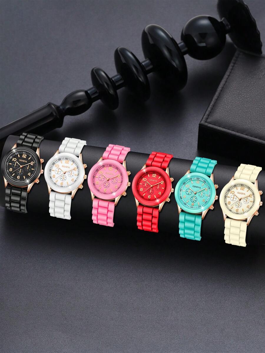 腕時計 レディース セット レディース シリコンテープ 3針 デジタル クォーツ 腕時計 6個セット ファッショナブルカジュアル拍卖