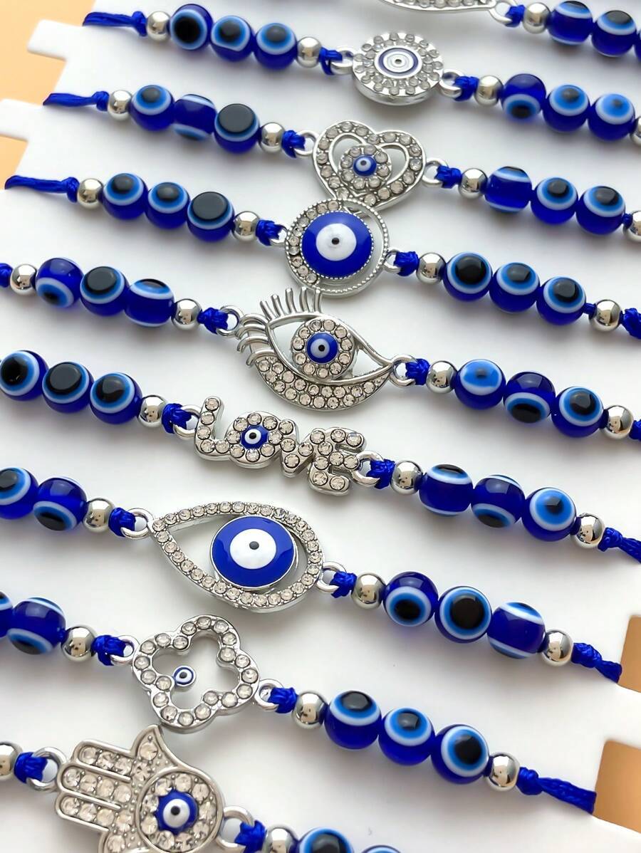 ジュエリー レディース ブレスレット セット 12個セット ヴィンテージ悪魔の目 12種類のハート手宝物ブルー編み込みブレスレット拍卖