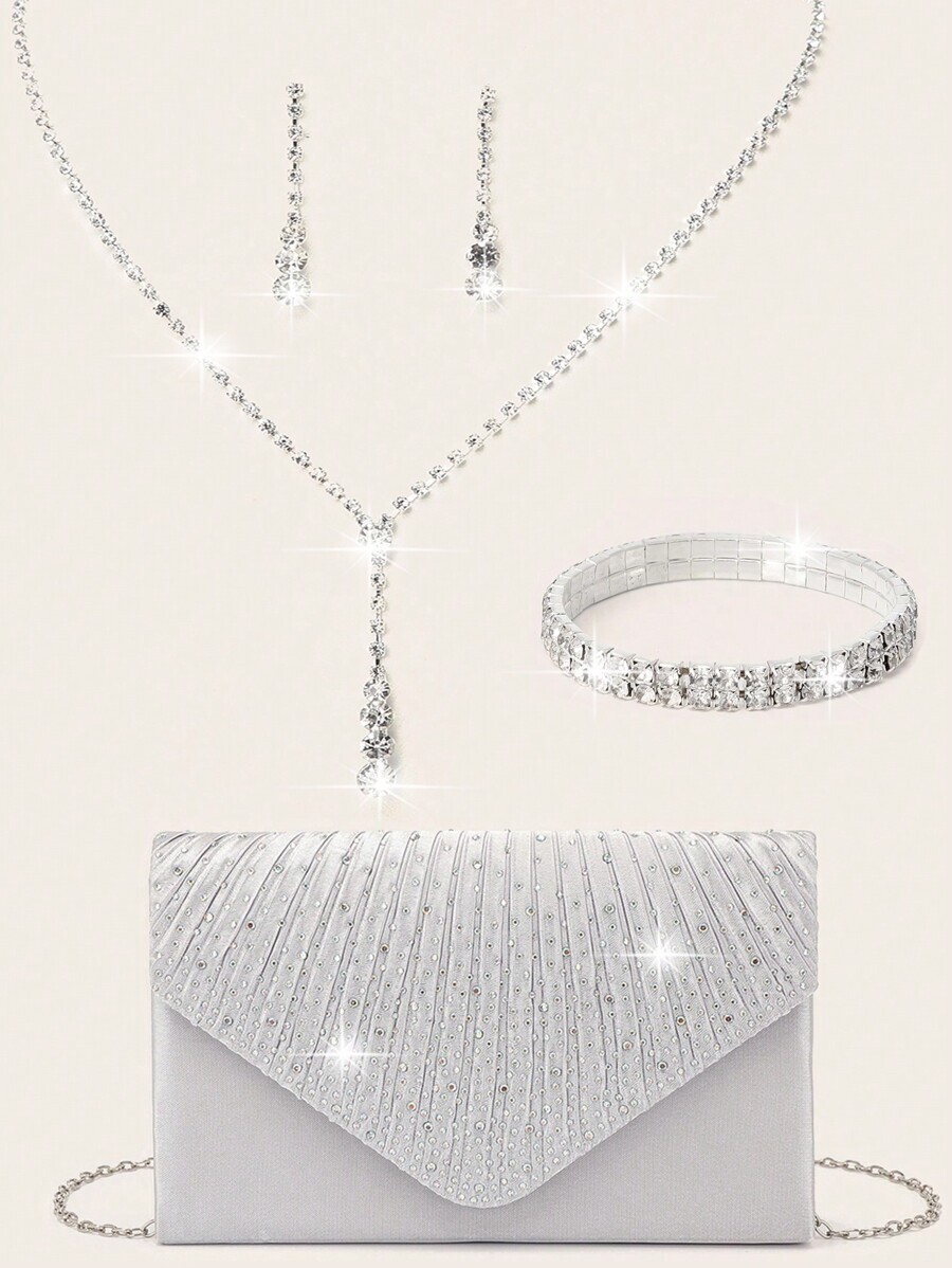 ジュエリー レディース セット 4点セット レディース ラインストーン イブニングクラッチバッグ ラインストーンイヤークリップ ブ拍卖