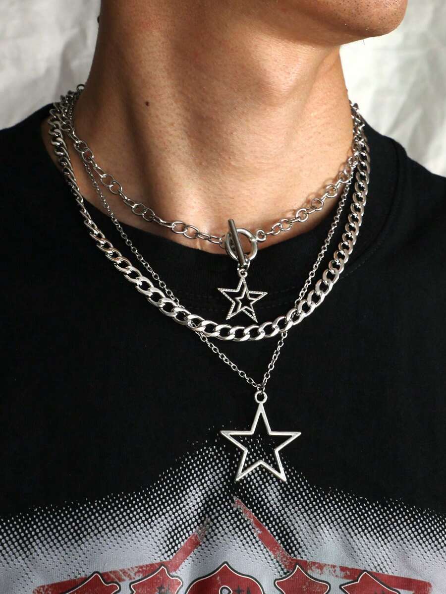 ジュエリー メンズ ネックレス ヴィンテージ ゴシック 星型 ステンレススチール ネックレス 男女兼用 3個セット拍卖