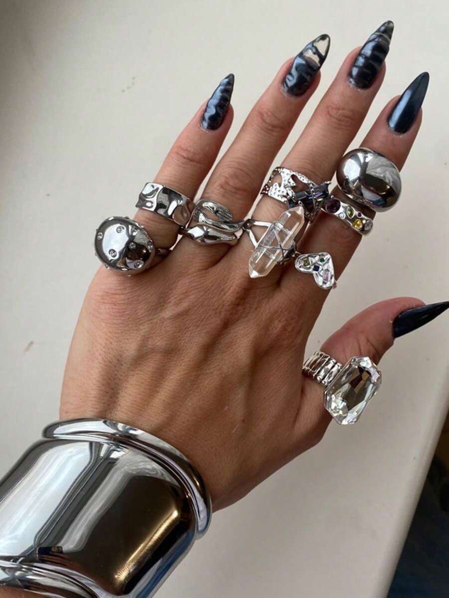 リング レディース セット アシンメトリーの幾何学模様 厚手プラスチック製ラインストーン レジンレイヤード スタッキングリングセッ拍卖