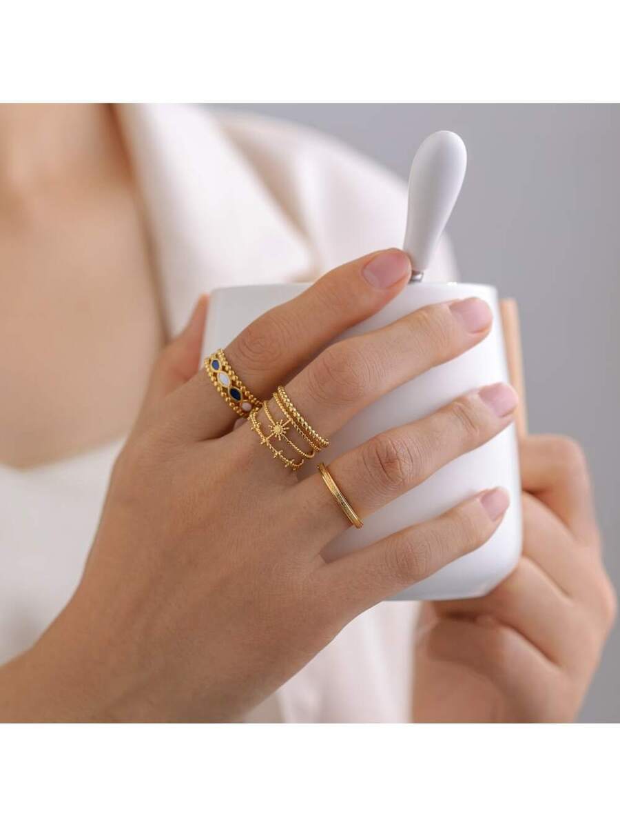 リング レディース セット 3個セット ステンレス製 ゴールド製調整可能な3層ブラック&ホワイトジオメトリックリング、マルチレイヤ拍卖