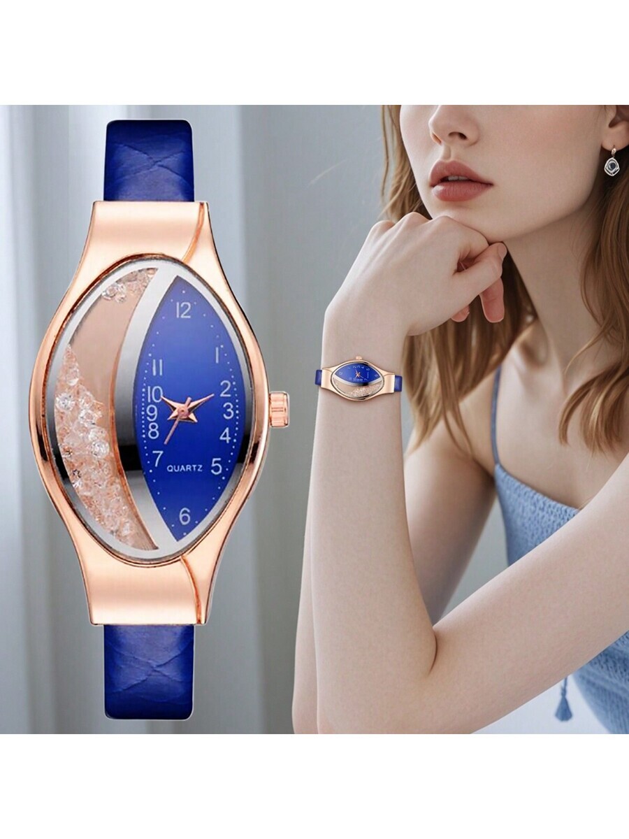 腕時計 レディース クォーツ 1個 レディースファッション エレガントかわいい楕円形ケース フローイングクリスタル レザーバンド拍卖