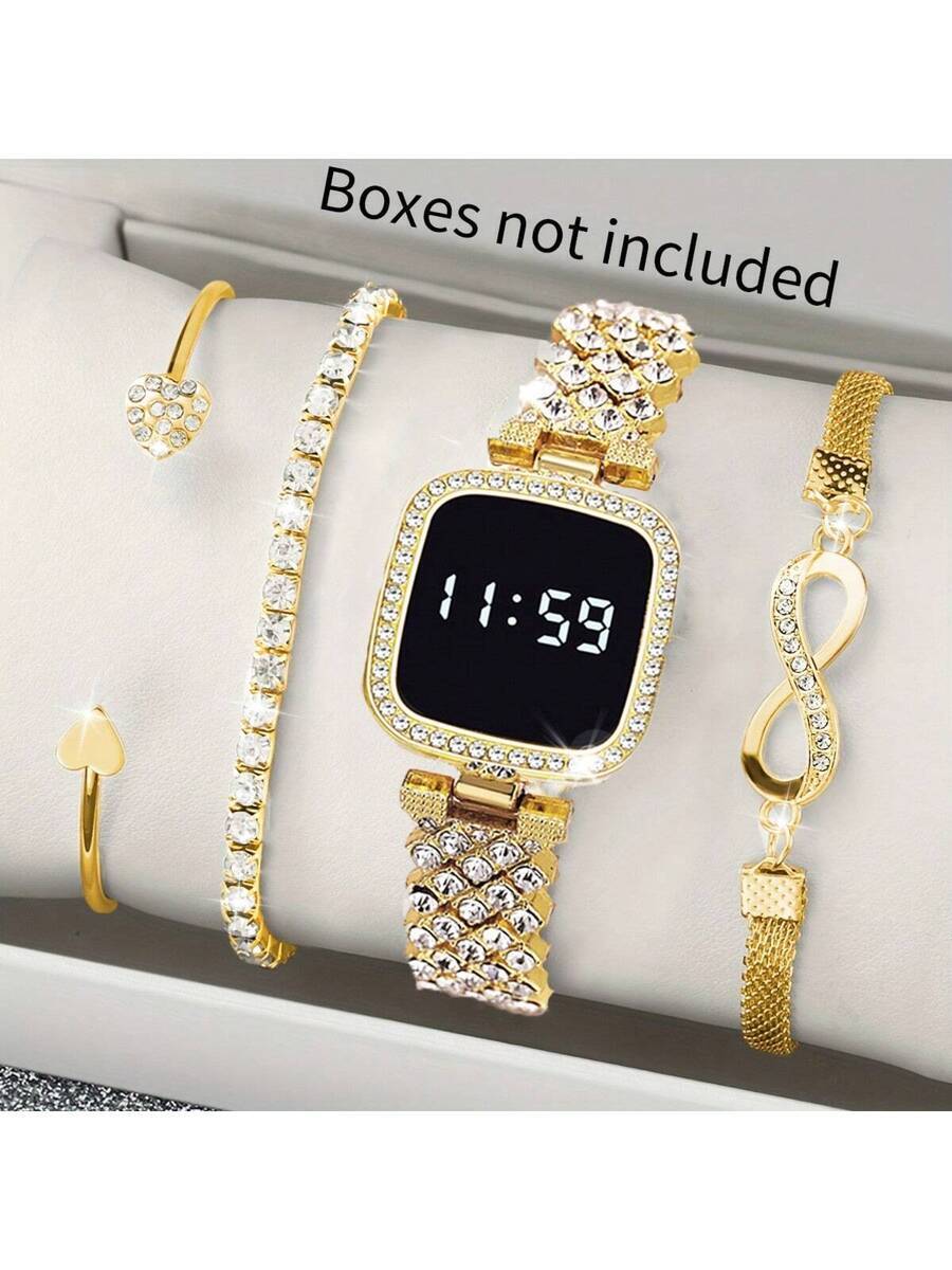 腕時計 レディース セット 4個セット レディース腕時計 ゴールド デジタル 無料ブレスレット付き、日々の装飾、ホリデーギフト拍卖