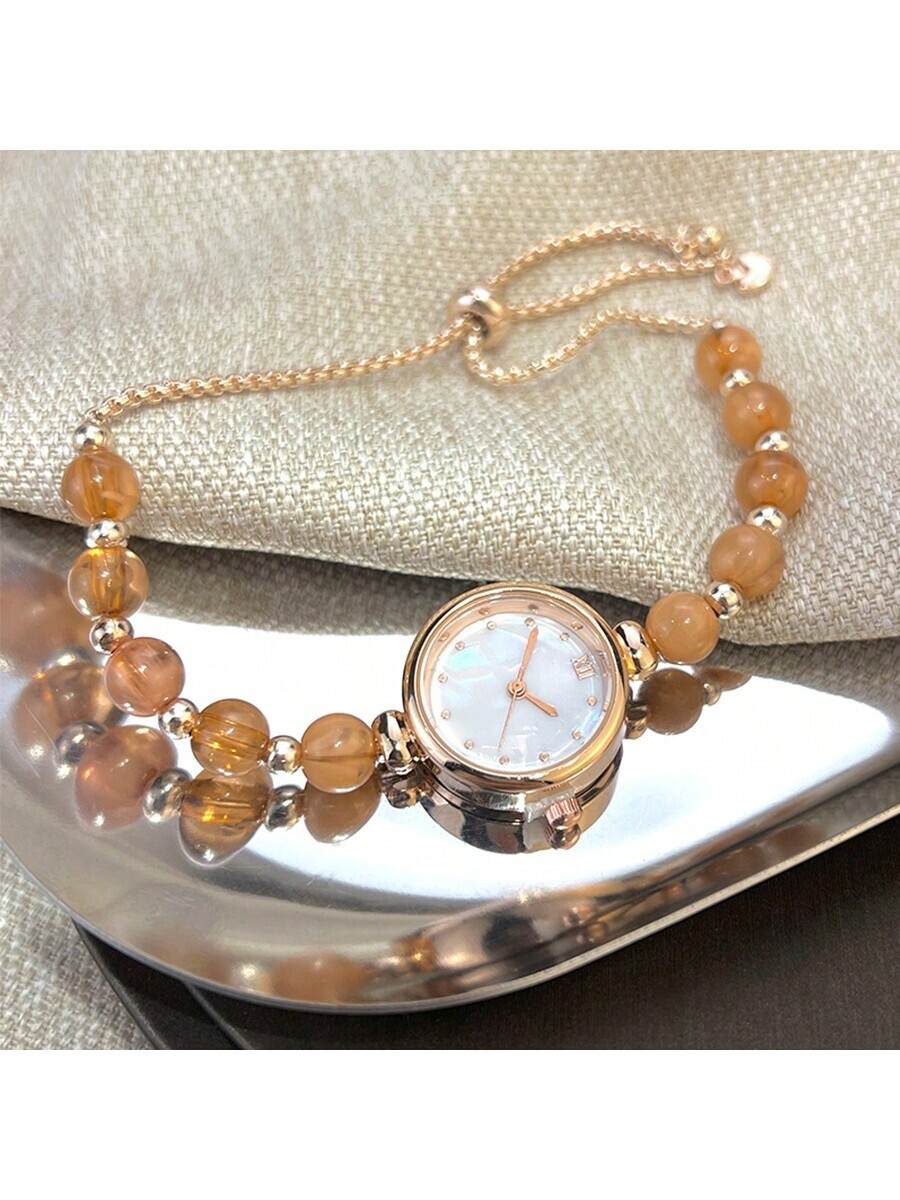 腕時計 レディース クォーツ 1個 レディース ローズゴールドカラー メタルビーズ調整可能ストラップ、真珠貝文字盤 上品クォーツ腕拍卖