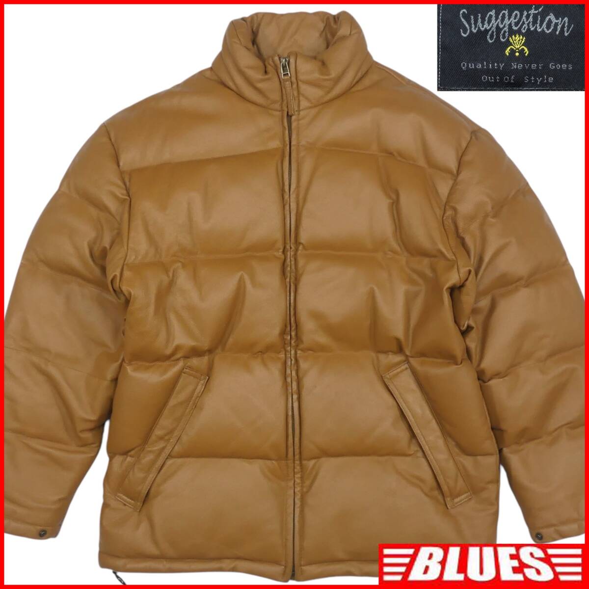 即決★Suggestion★メンズ L オールレザーダウンジャケット サジェッション 茶 キャメル 本革 皮 ジップポケット 革ジャン 上着 ジャンパー拍卖