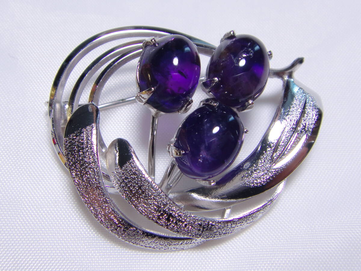 天然石 アメジスト デザインブローチ 3粒 花デザイン ヴィンテージ 服飾小物 B945拍卖
