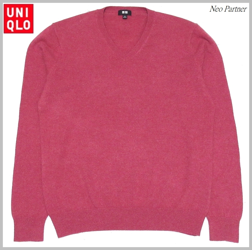 カシミヤ100% 即決 美品 UNIQLO ユニクロ 高級素材 PURE CASHMERE Vネック ニットセーター ピンク M メンズ拍卖