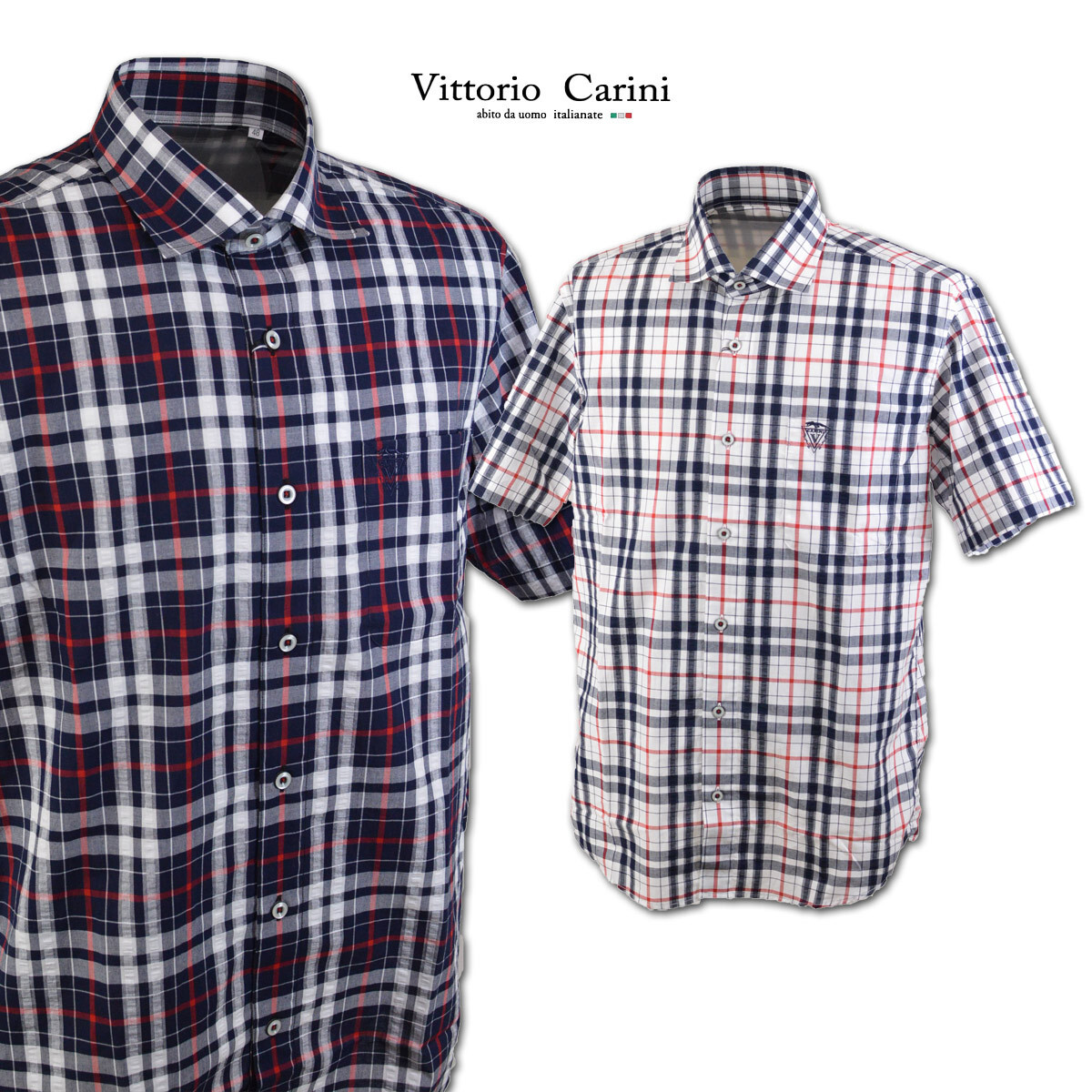 50%OFF【カリーニ】メンズ 半袖シャツ(46)M 白×紺 2230-1534-11 Carini 春夏 セール カジュアル 日本製 おしゃれ チェック @拍卖