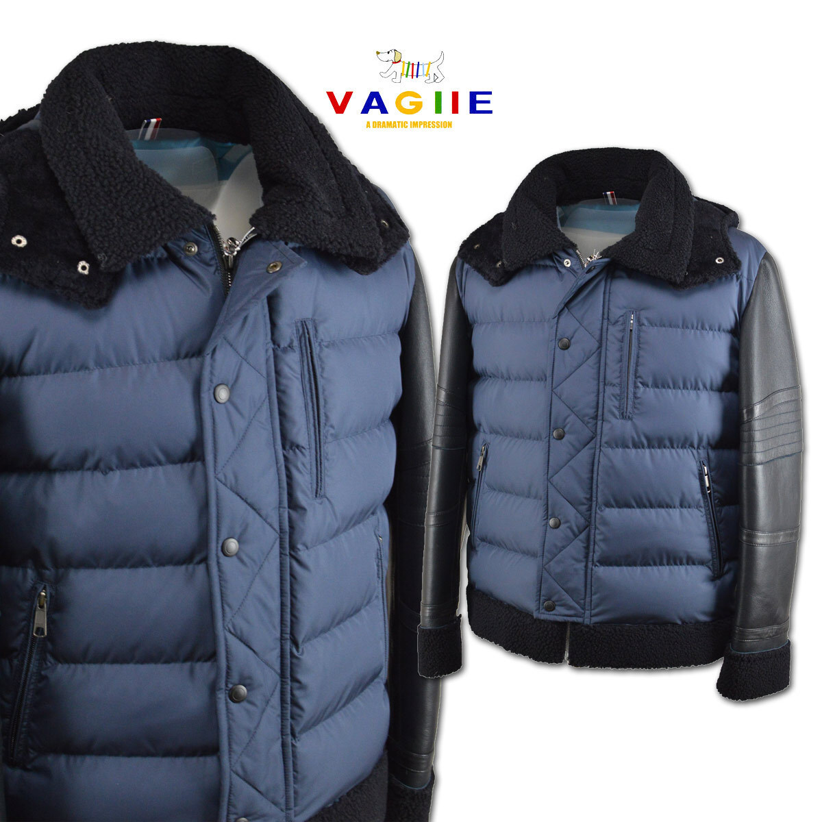 5割引【バジエ】メンズ ダウンブルゾン ムートン(48)L 紺 2120-3005-53 VAGIIE 秋冬 セール レア 羊革 おしゃれ かっこいい @拍卖