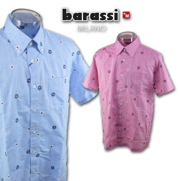 50%OFF【バラシ】メンズ 半袖シャツ M(46) 青 2250-1521-55 BARASSI 綿麻 日本製 おしゃれ @拍卖