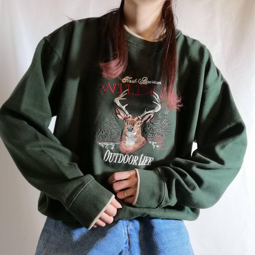 古着 00s FIELD TESTED アニマル刺繍スウェット クルーネック トレーナー 鹿 シカ 動物 グリーン 緑 メンズ L ヴィンテージ A3016拍卖