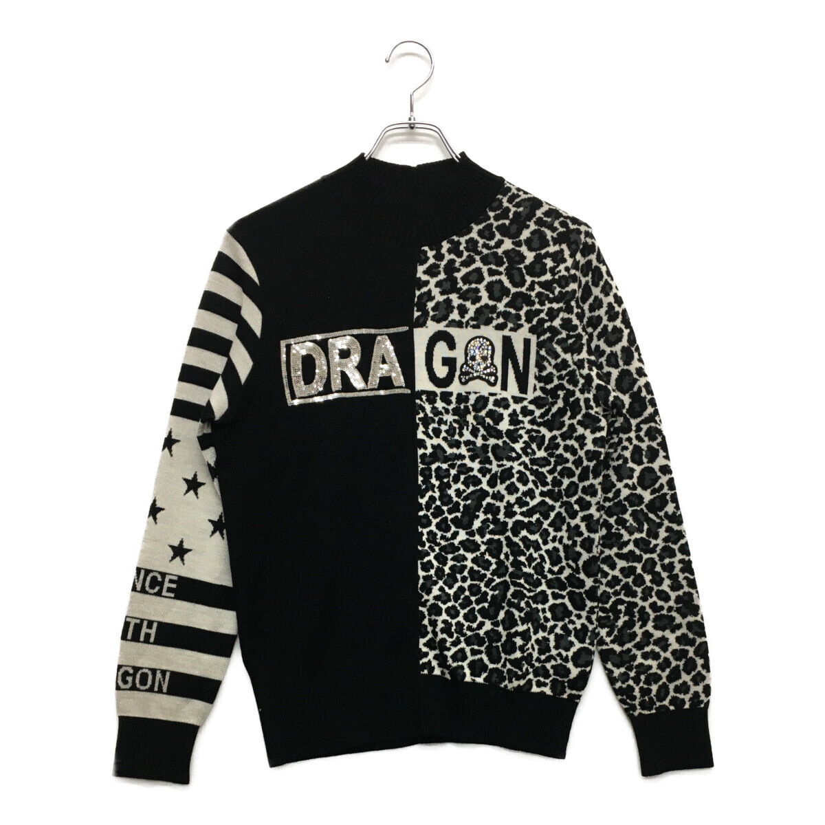 coco 未使用品【値下げ】 ダンスウィズドラゴン レディース セーター 3(L) 黒×白 ヒョウ柄 ボーダー 星柄 レターパックプラス発送可 97937拍卖