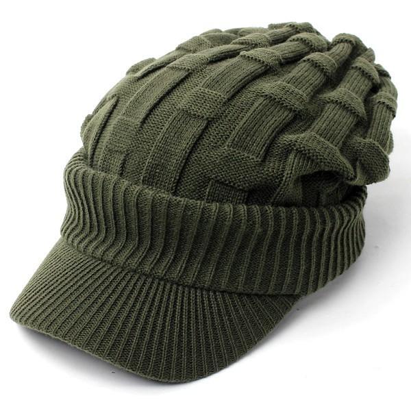 < オリーブ > 帽子 ニット帽 防寒 ゴルフ つば付きニット帽 キャスケット Regnuu アクリル クロス編み ニット スノボ スキー 深め拍卖
