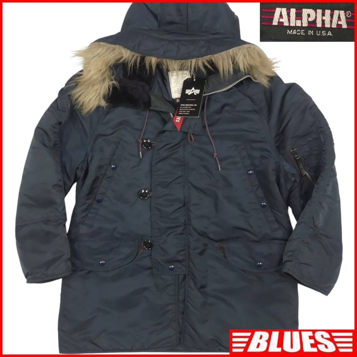 即決★アメリカ製 ALPHA★メンズ M フライトジャケット N-3B アルファ 紺 ネイビー 80s ヴィンテージ モッズコート フード ファー ナイロン拍卖