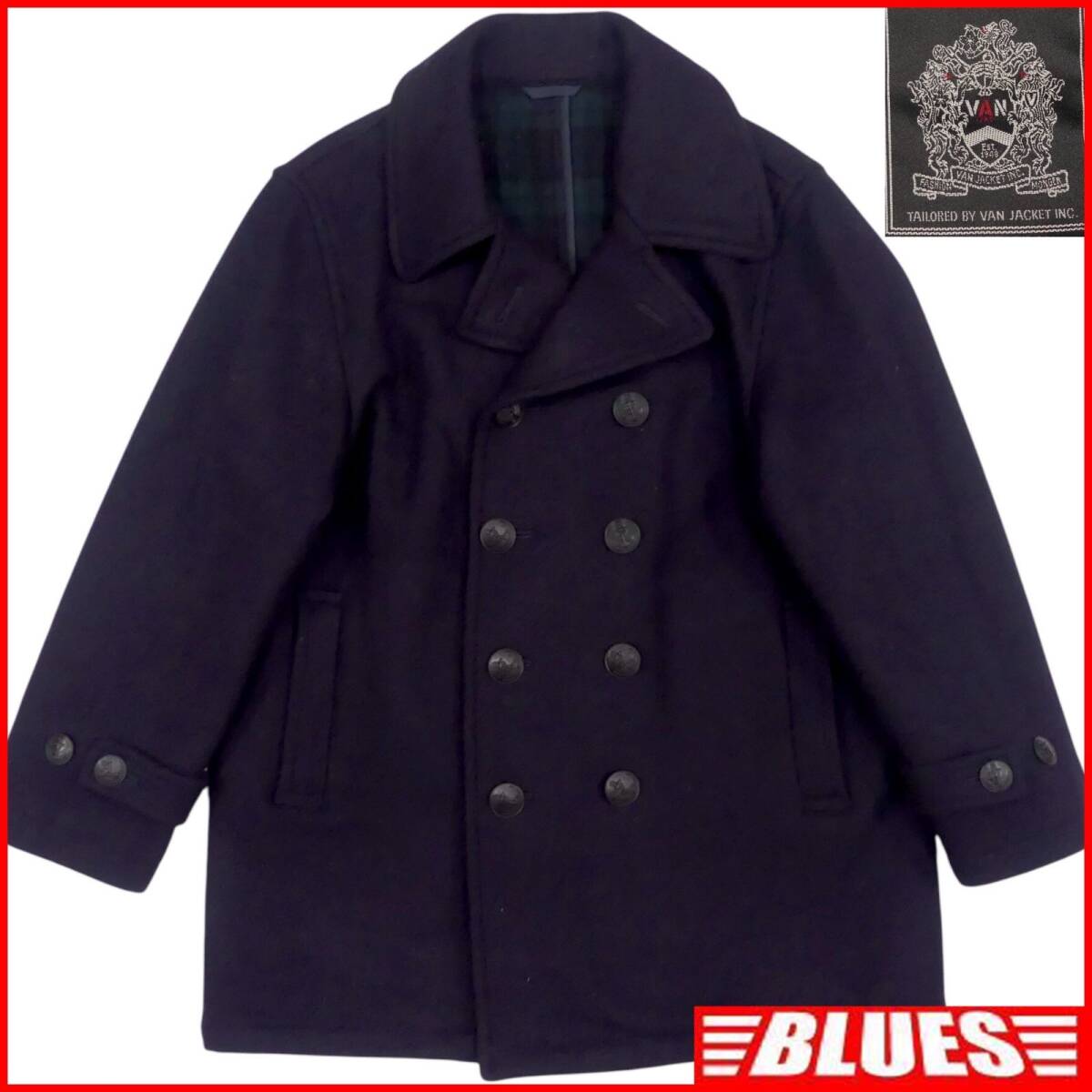 即決★VAN★メンズ L ピーコート Pコート ヴァンヂャケット 紺 ネイビー チェック 軍物 ダブル拍卖