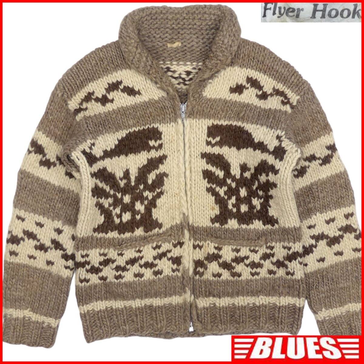 即決★カナダ製 Flyer Hook★メンズ L カウチンセーター フライヤーフック 茶 イーグル クジラ ウール ニット セーター ジップアップ拍卖