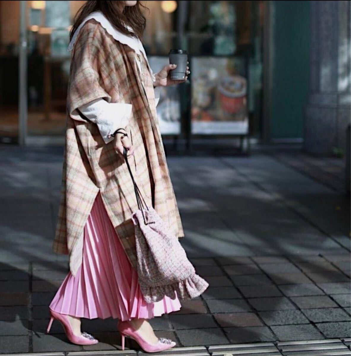 大人可愛いmake aiメイクアイ チェック柄コート ポンチョ ガウンMサイズ フリーサイズ ウール混ピンク オレンジ ブラウン マントコート 拍卖