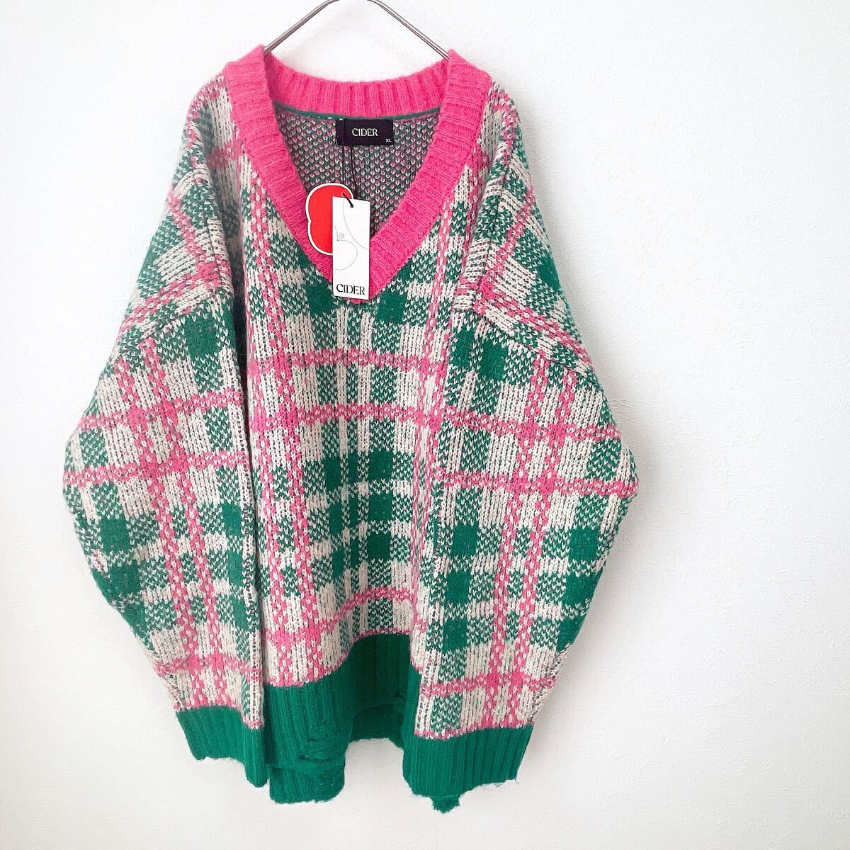 ★新品★サイダーciderスイカ シュガー オーバーサイズ チェック柄セーター プルオーバー vネックXLサイズLLダメージ ピンク緑グリーン白拍卖