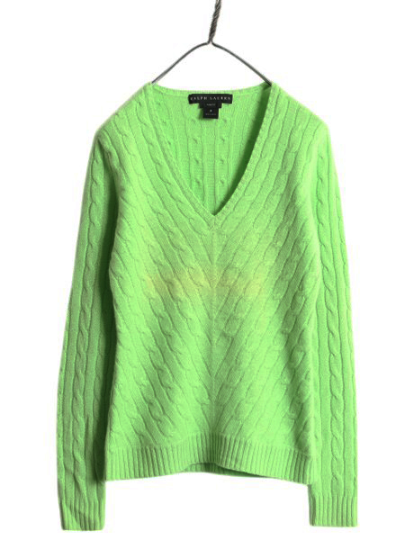 高級 100% カシミヤ ラルフローレン ケーブル ニット セーター レディース M / ブラックレーベル ポロ Vネック ポニー無し スリムフィット拍卖