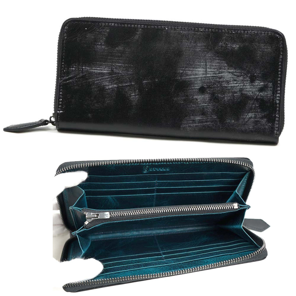 ブライドルレザー(トーマスウエア&サンズ社製)×バケッタレザー(バダラッシカルロ社製Waxレザー)使用 長財布 日本製 ブラック/ブルー拍卖