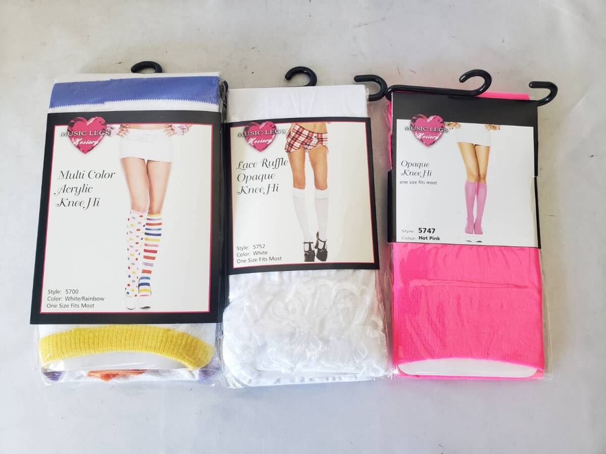 エ6 新品 未使用 ●3点セット MUSIC LEGS ハイソックス ソックス カラフル ドット ボーダー レース 衣装 コスプレ 仮装 レディース 拍卖