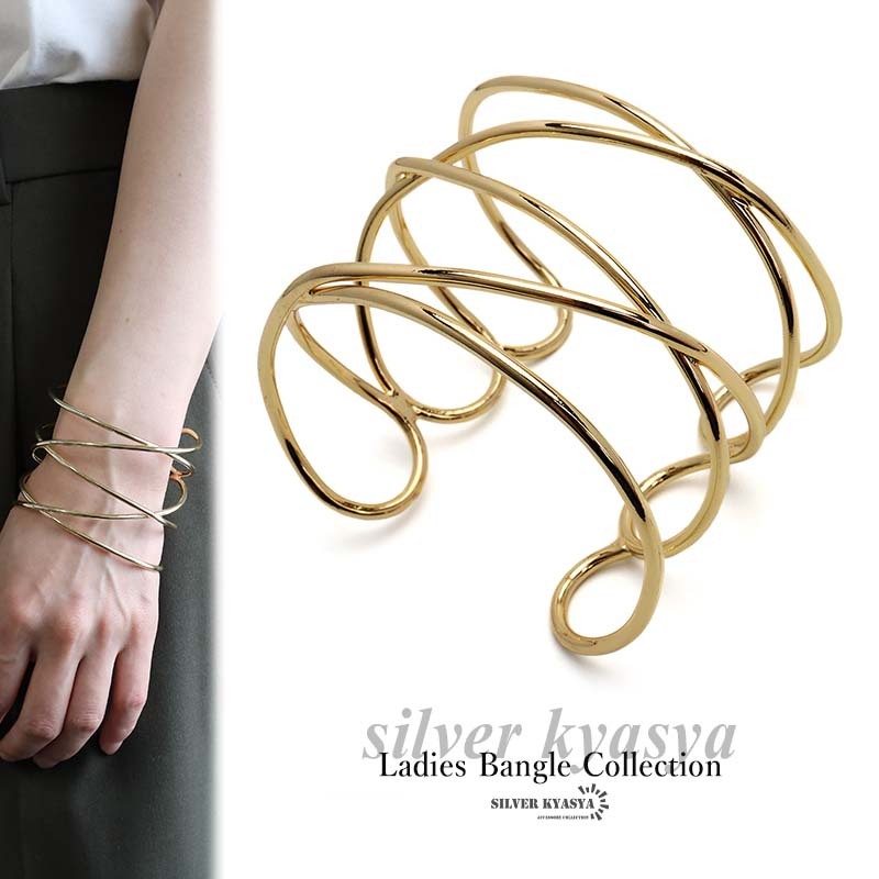 ゴールド 不規則ラインバングル ワイドバングル 透かし 巻き付き 腕輪 ごつめ 太め 幅広 存在感拍卖