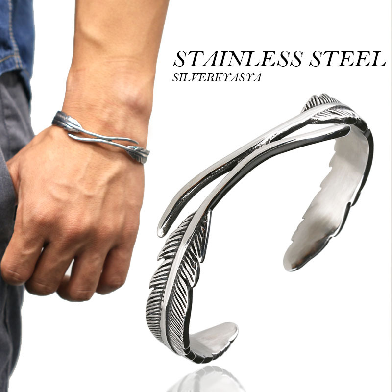 ステンレス ダブルフェザーバングル シルバー ブレスレット 銀色 ネイティブ 羽 定番アイテム 人気拍卖