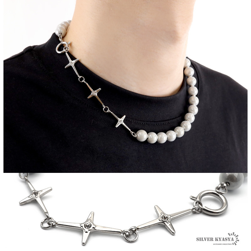 ネックレス パールネックレス ボールチェーン クロス 十字架 三連 ストリート 銀色 金属 ステンレス アレルギーフリー拍卖
