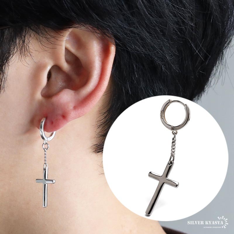 シルバー925 クロスチェーンピアス シルバー クロスピアス 揺れる ドロップピアス 925 フープピアス 片耳1点 金アレ対応拍卖